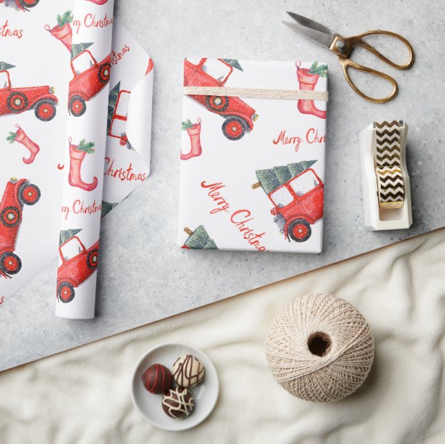 Papel De Presente Texto da Árvore de Natal do Carro Clássico da Vint (Artesanato)