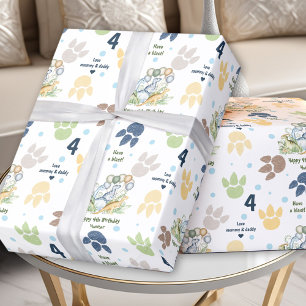 Papel De Presente Texto de Aniversário do Menino Verde Azul do Dinos