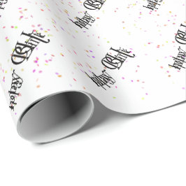 Papel De Presente Texto de aniversário feliz com confete em branco