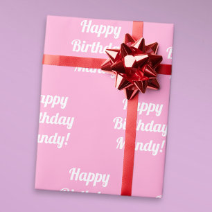 Papel De Presente Texto de Aniversário Feliz e Personalizável, Rosa-