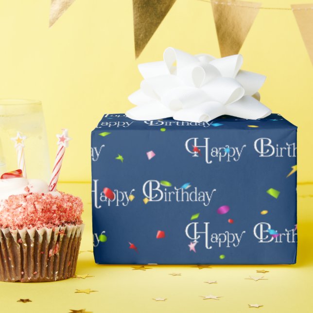 Papel De Presente Texto de Feliz Aniversário com Confetes  (Festa de aniversário)