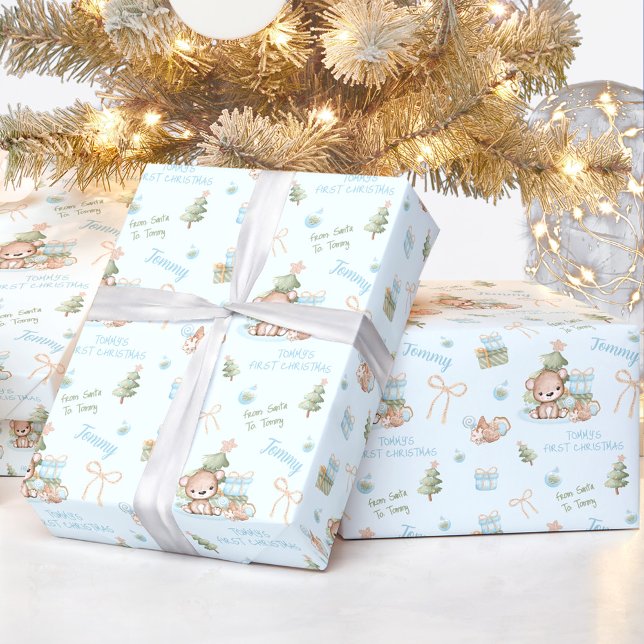 Papel De Presente Texto de Natal do Bear Boy Blue Name (Christmas Bear Boy Blue Name Text Christmas Wrapping Paper)