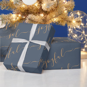 Papel De Presente Texto de Rolagem Alegre no Natal Azul Escuro