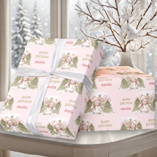 Papel De Presente Texto do boneco de neve Winter Vintage Pink Girl