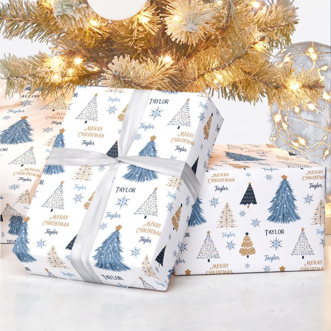 Papel De Presente Texto do Nome do Natal Moderno das Árvores Azuis (Blue Trees Modern Christmas Blue Name Text Wrapping Paper)