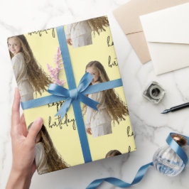 Papel De Presente Texto e foto de Aniversário Amarelo e Personalizad
