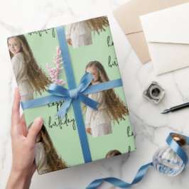 Papel De Presente Texto e foto de aniversário do Pastel Green & Cust