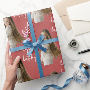 Papel De Presente Texto e foto de Aniversário Vermelho e Personaliza
