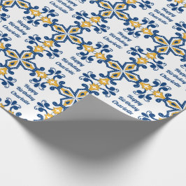 Papel De Presente Texto personalizado 💙 Azulejos azuis e amarelos
