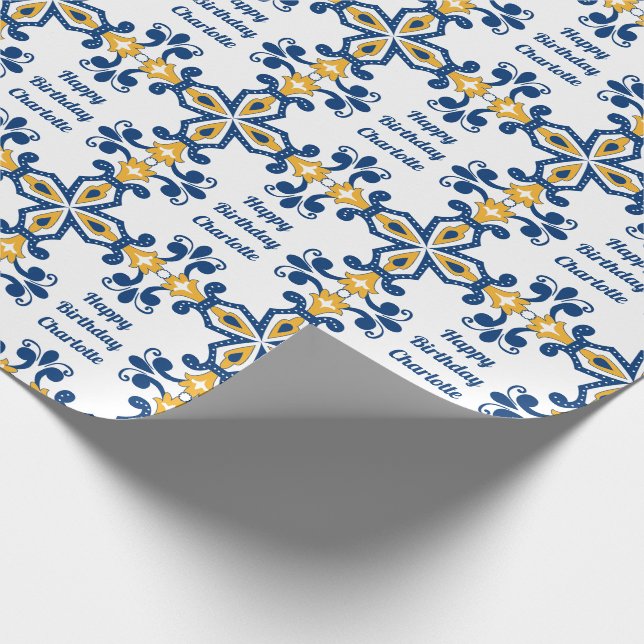 Papel De Presente Texto personalizado 💙 Azulejos azuis e amarelos (Ponta)