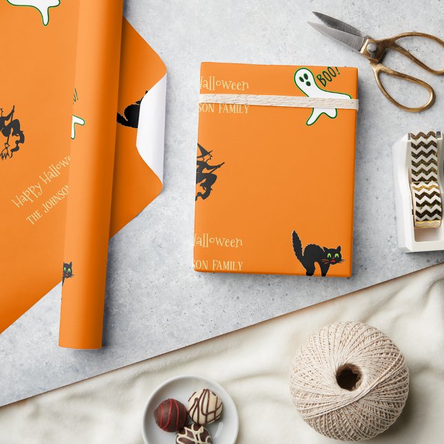 Papel De Presente Texto Personalizado da Bruxa Fantasma do Halloween (Halloween Fun Spooky Cat Ghost Witch Custom Text Wrapping Paper)