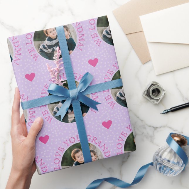 Papel De Presente Texto personalizado da vovó e fotos roxas (Presentear)