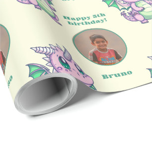 Papel De Presente Texto Personalizado do Dragão Chibi Verde Amarelo