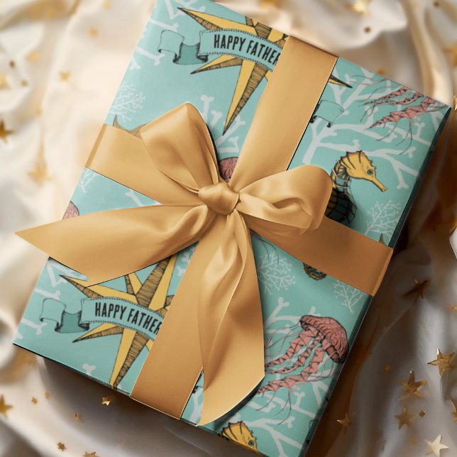 Papel De Presente Texto Personalizado em Estrela Náutica Teal Marinh (Cool Nautical Hand-drawn Illustration in Black Ink with Beautiful Ocean Life Scene. Custom Text!)