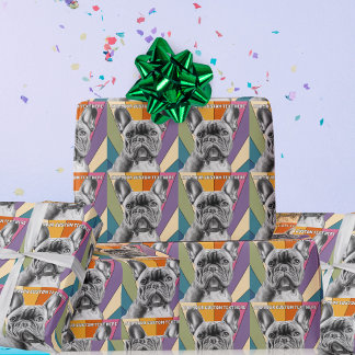 Papel De Presente Texto Personalizado Retro Groovy Arco-íris Bulldog
