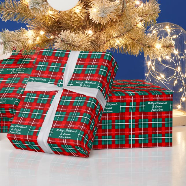 Papel De Presente Texto personalizado vermelho e xadrez verde Natal (Criador carregado)
