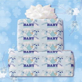 Papel De Presente Texto Personalizar Nome do Chá de fraldas Azul