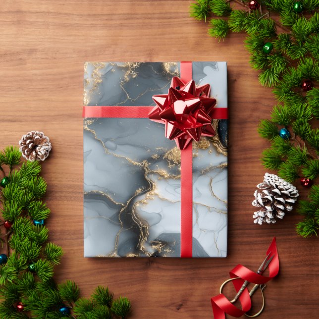 Papel De Presente Textura de Mármore Azul Escuro com Veias de Ouro L (Presente de Natal)