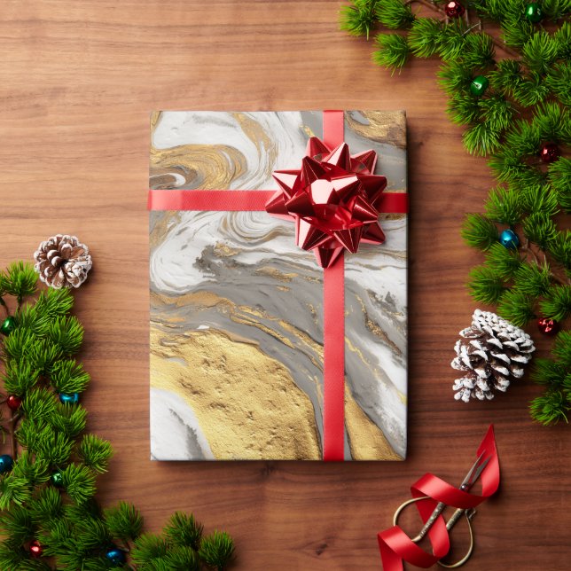 Papel De Presente Textura de Mármore Cinza Abstrato com Ouro Fluido (Presente de Natal)