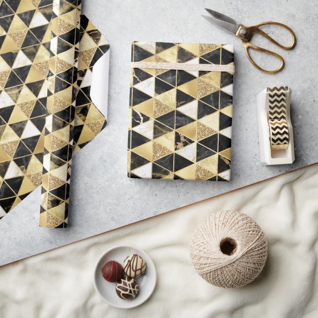 Papel De Presente Textura Geométrica de Mármore Preto, Dourado e Bra (Artesanato)