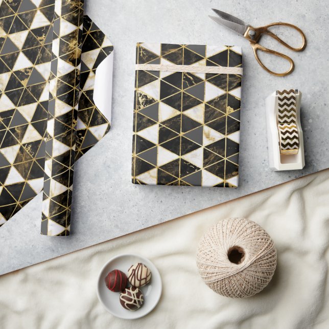Papel De Presente Textura Geométrica de Mármore Preto, Dourado e Bra (Artesanato)