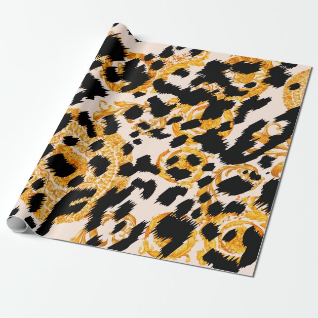Papel De Presente Textura leopardo com padrão barroco-ouro (Desenrolado)