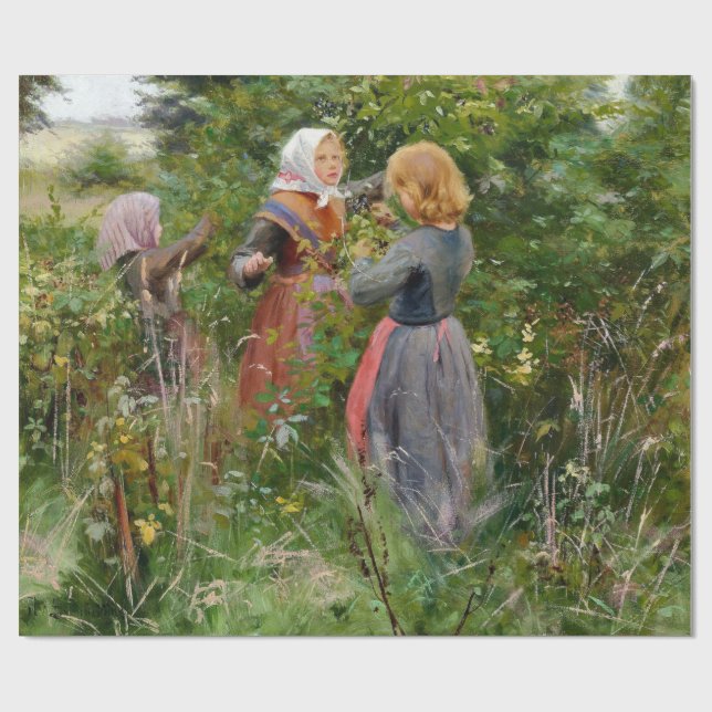 Papel De Presente Three Girls Picking Blackberry (por Brendekilde) (Aberto)