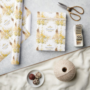Papel De Presente Tiaro Floral Borboletas Dourado Amarelo Quinceañer