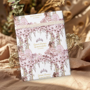 Papel De Presente Tiarra Floral Quinceañera Rosa Bege e Dourado