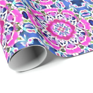 Papel De Presente Tie Dye Mandala Padrão Denim Azul e Rosa