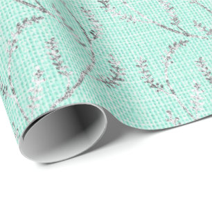 Papel De Presente Tiffany Mint Aqua Linen Silver Sparkly Laurel