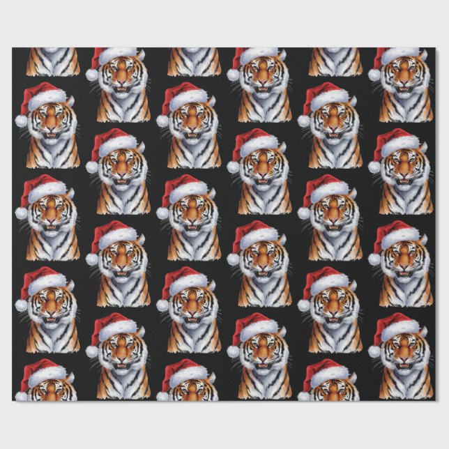 Papel De Presente Tigre da Moda com Chapéu de Papai Noel Natal Preto (Aberto)