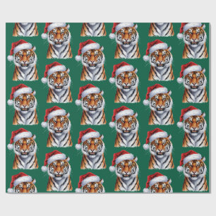 Papel De Presente Tigre da Moda com Chapéu de Papai Noel Natal Verde