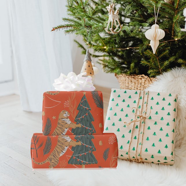 Papel De Presente Tigre de Natal Antigo Com Árvore de Natal (Criador carregado)