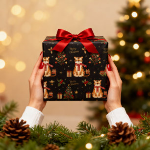 Papel De Presente Tigre de Natal Vintage com Árvore Preto