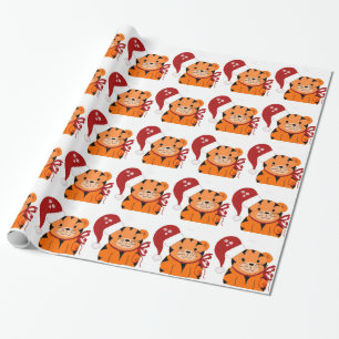 Papel De Presente Tigre Fofo com Chapéu de Papai Noel