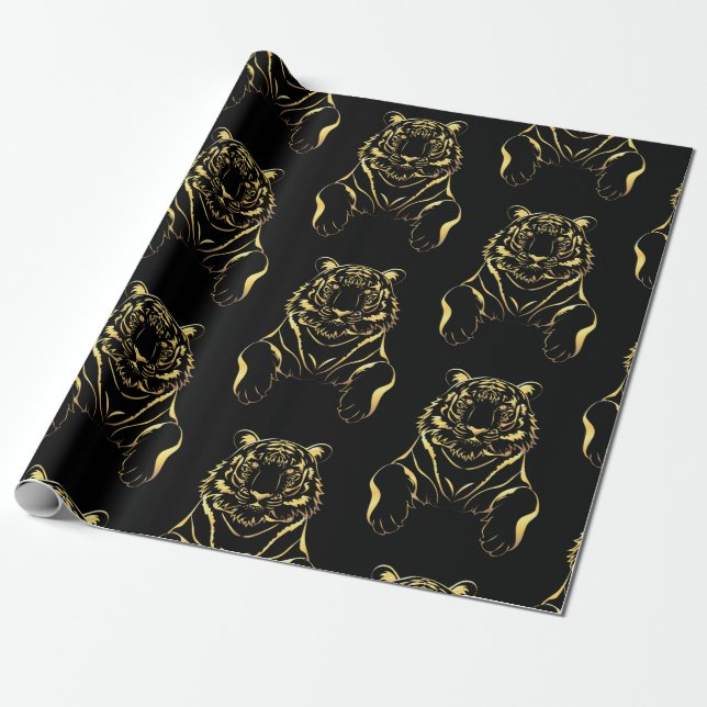 Papel De Presente Tigre preto com tiras de ouro (Desenrolado)