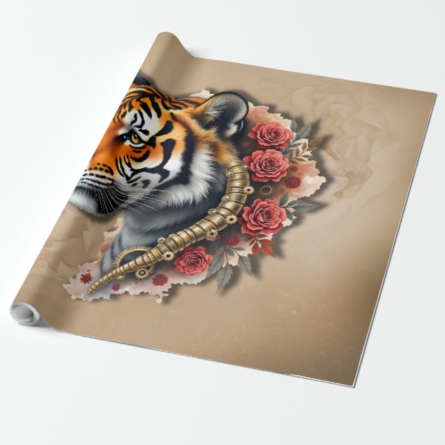 Papel De Presente Tigre Steampunk com Ilustração de Rosas. (Desenrolado)