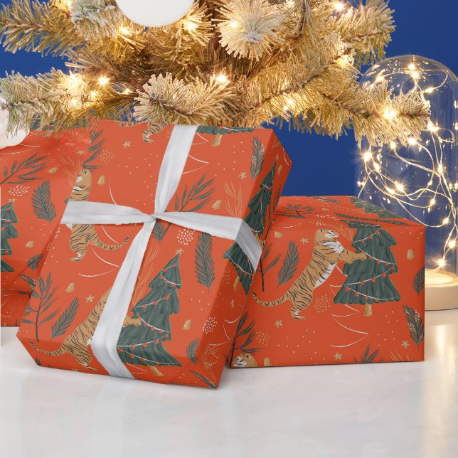 Papel De Presente Tigre Único da Árvore de Natal Verde e Vermelha (Feriados)