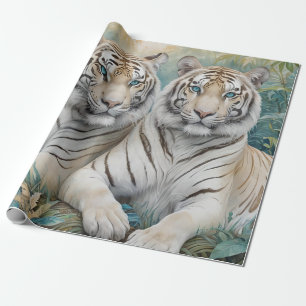 Papel De Presente Tigres de Ouro pálidos numa selva verde azul