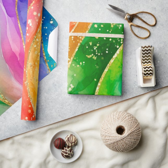Papel De Presente Tinta Alcoólica Brilhante com Arco-íris em Aquarel (Artesanato)