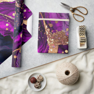 Papel De Presente Tinta Alcoólica Brilhante Roxo e Dourado Aquarela