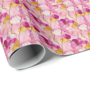 Papel De Presente Tinta Alcoólica Rosa e Amarela Abstrata Botânica