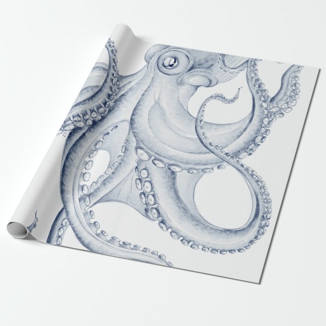 Papel De Presente Tinta Kraken de Octopus Cephalopod Azul (Desenrolado)