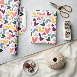 Papel De Presente Tinta Vermelha Festiva de Pêssego Rosa Azul Coraçã