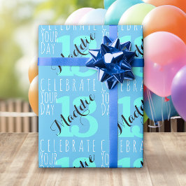 Papel De Presente Tipografia Azul de 13 Birthday