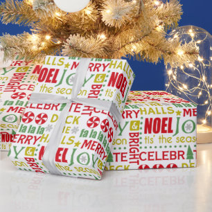Papel De Presente Tipografia de Natal, Deck the Halls, Noel, Joy,