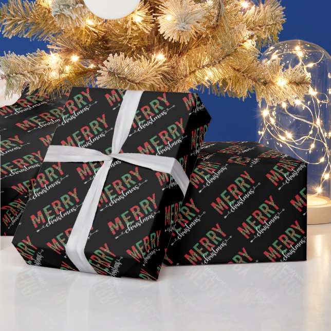 Papel De Presente Tipografia Feliz Natal Vermelho e Chita Verde (Feriados)