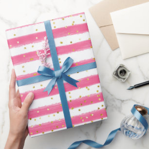 Papel De Presente Tiras Rosa E Dourada Festa Para Garotas