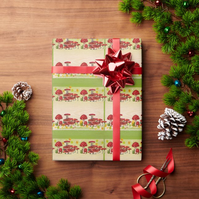 Papel De Presente Toadstool Red Berry Garden Greenery Magic Mushroom (Presente de Natal)